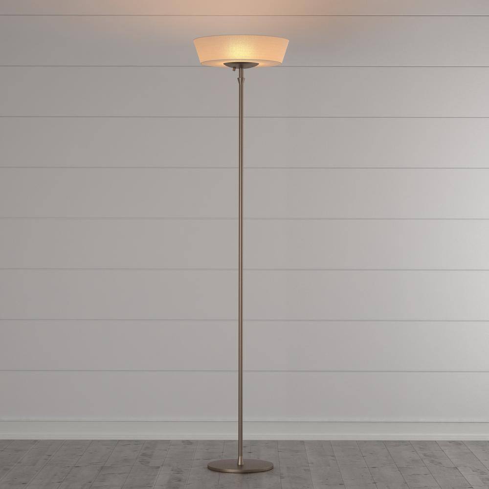 Harper Slim Satin Steel Torchiere Floor Lamp with White Linen Shade