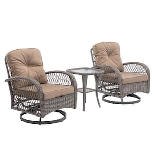 Gray 3-Piece Wicker Outdoor Bistro Set with Excellent Water and Fade Resistant Removable Brown Cushions