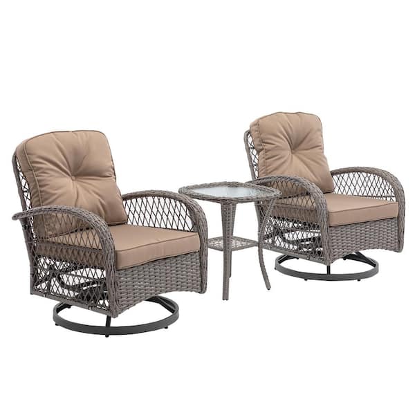 Unbranded Gray 3-Piece Wicker Outdoor Bistro Set with Excellent Water and Fade Resistant Removable Brown Cushions