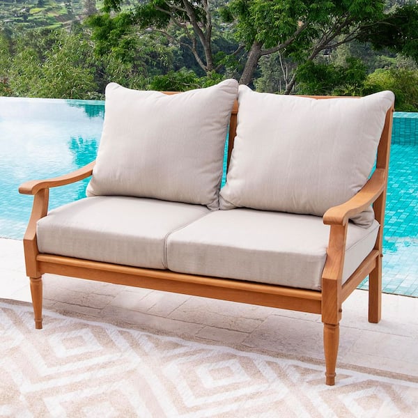 Holdom Teak Wood Outdoor Loveseat with Beige Cushion