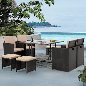 9-Piece Wicker Outdoor Dining Set, Patio Sectional Sofa Set with Khaki Cushions
