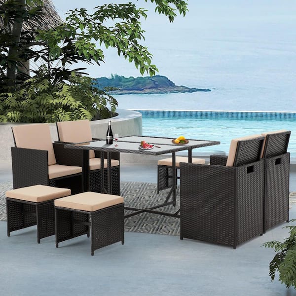 Unbranded 9-Piece Wicker Outdoor Dining Set, Patio Sectional Sofa Set with Khaki Cushions