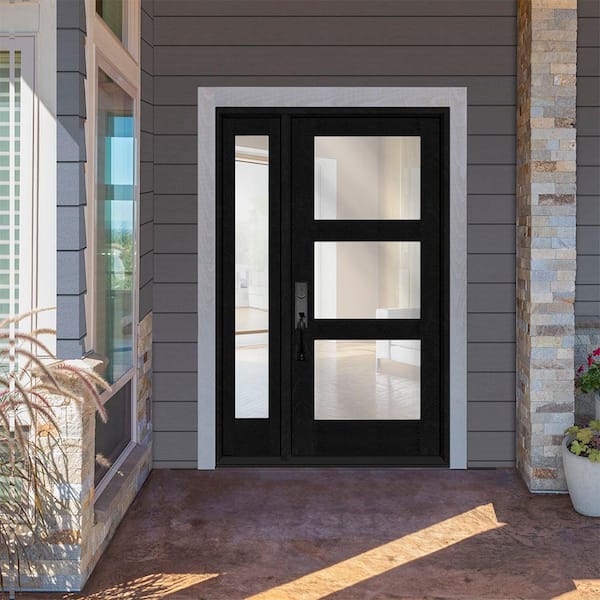 Regency 53 in. x 80 in. Modern 3-Lite Equal Clear Glass LHIS Onyx Stain Mahogany Fiberglass Prehung Front Door 14 in. SL
