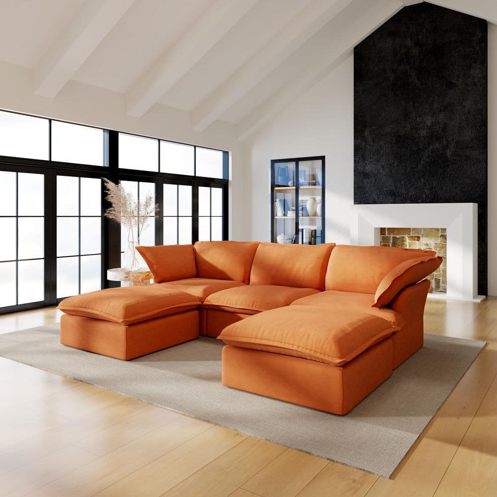 122.82 in. 5-Piece Modular Sectional Sofa in Orange Linen Couch with Storage Ottomans, Removable Covers and Down Fill