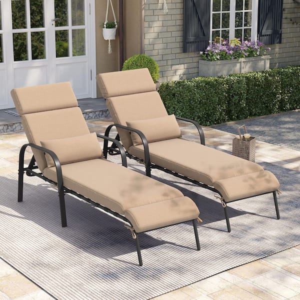 2-Piece Metal Outdoor Chaise Lounge with Tan Cushions and Pillow