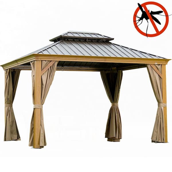 ToolCat 12 ft. x 14 ft. Yellow Brown Outdoor Aluminum Double Galvanized Steel Roof Gazebo with Mosquito Netting and Curtains