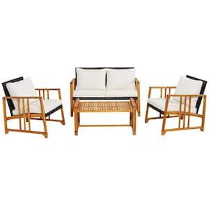 4-Pieces Wood Patio Conversation Set with Seat and Off White Cushions