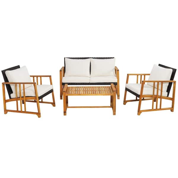 WELLFOR 4-Pieces Wood Patio Conversation Set with Seat and Off White Cushions