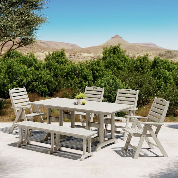 Laguna Outdoor All Weather HDPE Plastic Sand 6-Piece Patio Dining Set with Highback Folding Chairs and Picnic Bench