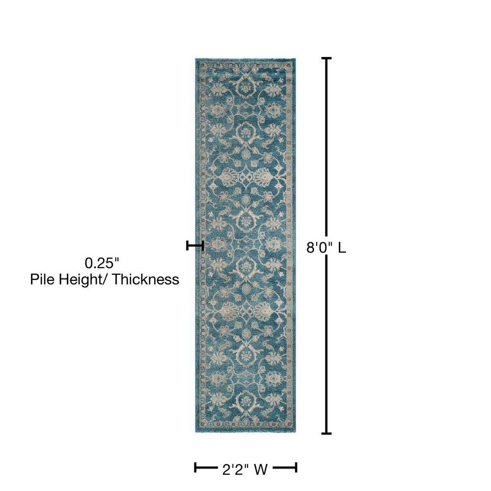 Blue and Beige Stain-Resistant Floral Runner Rug