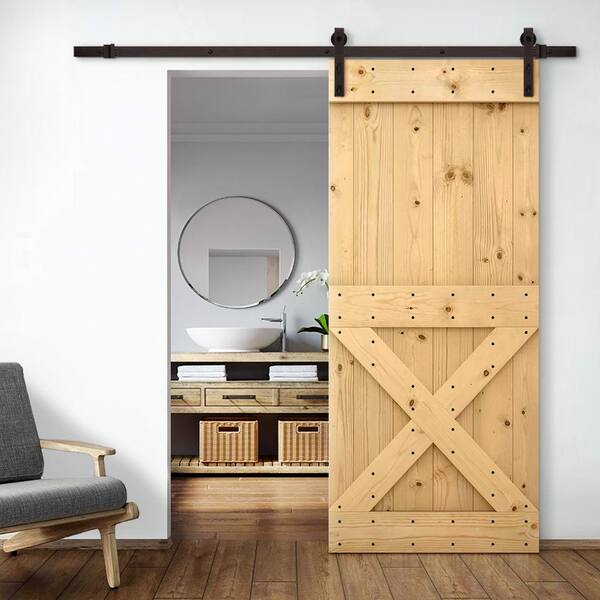 Mini X 42 in. x 84 in. Unfinished DIY Knotty Pine Wood Interior Sliding Barn Door with Hardware Kit