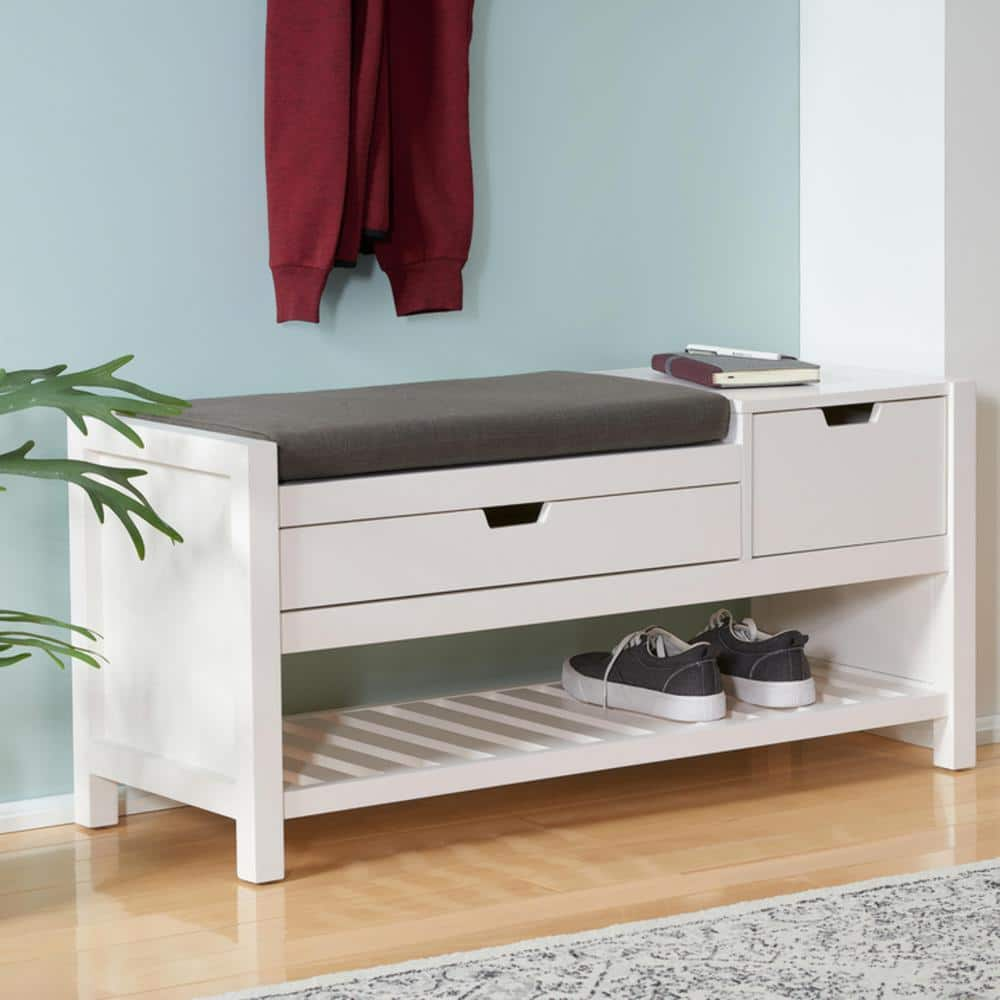 Home Decorators Collection White Wood Entryway Bench with Cushion and ...