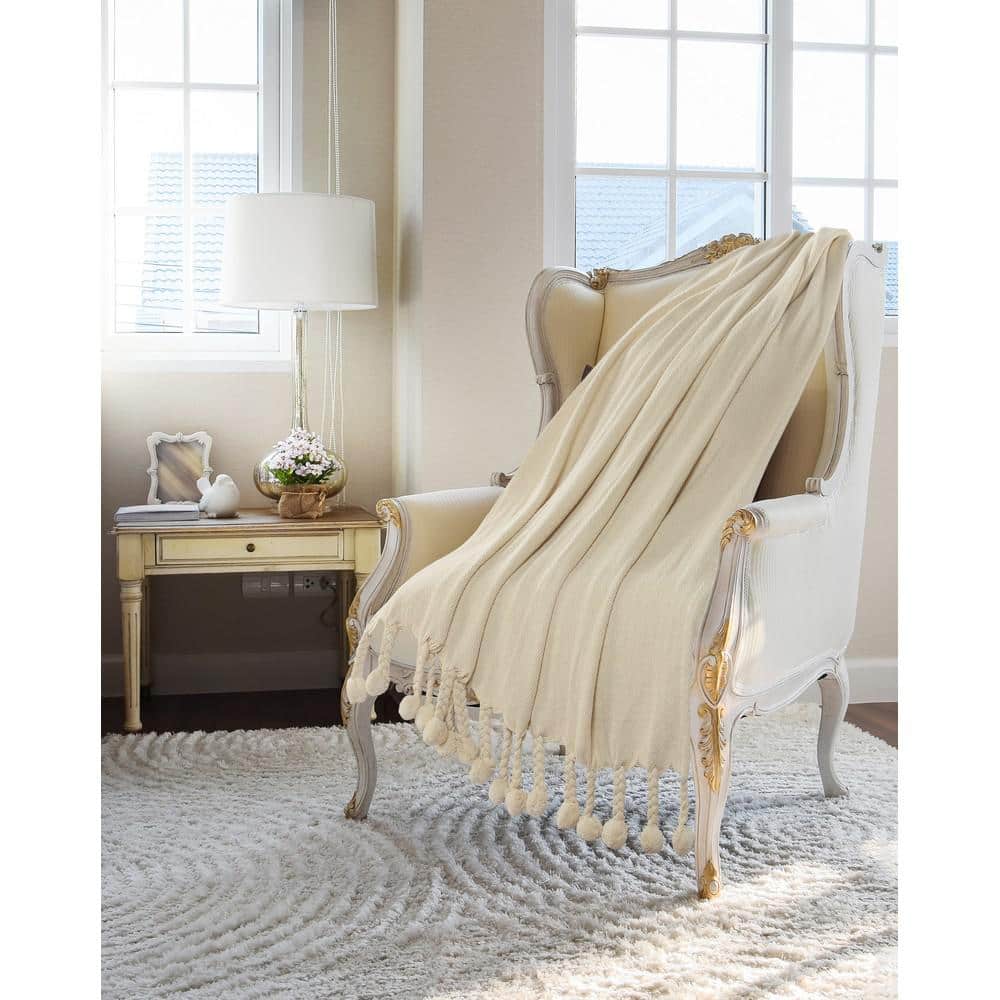 Gemma Embroidery Braided Cream Chevron Herringbone All Natural Cotton Throw