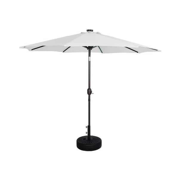 Marina White 9 ft. Market Solar Powered LED Lighted Tilt Patio Umbrella with Bronze Round Base Included
