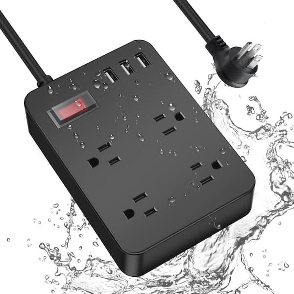Weatherproof Outdoor Power Strip Surge Protector 4 Outlets 3 USB Waterproof Shockproof 6 ft. Cord Flat Plug
