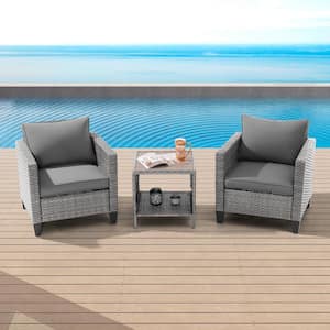 3-Piece Gray Wicker Patio Outdoor Single Sofa Set Set with Side Table Gray Cushion