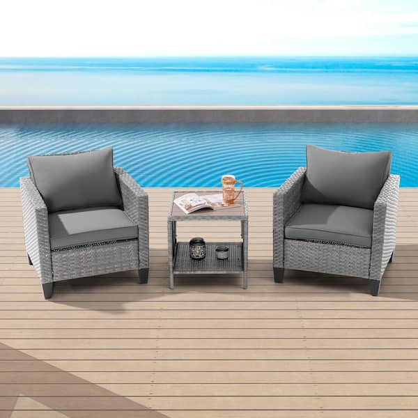 Sonkuki 3-Piece Gray Wicker Patio Outdoor Single Sofa Set Set with Side Table Gray Cushion