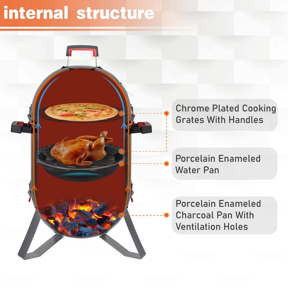 18" Black Charcoal Vertical Smoker Grill with Porcelain Enamel Bowls