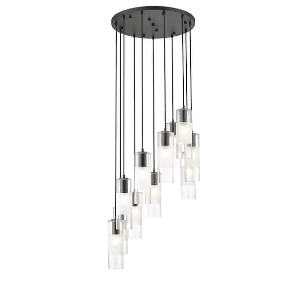 Unbranded Alton 24 in. 11-Light Matte Black Round Chandelier with Clear Plus Frosted Glass Shades