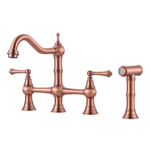Double Handle Bridge Kitchen Faucet in Solid Brass in Copper