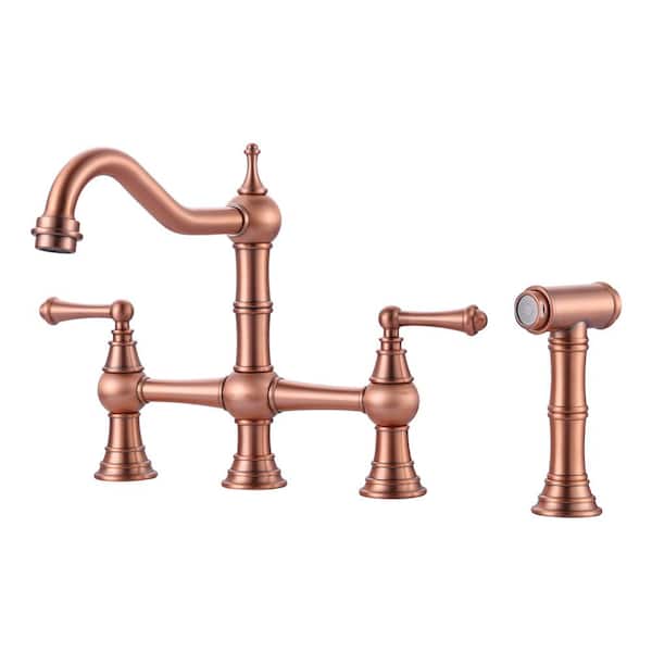 WOWOW Double Handle Bridge Kitchen Faucet in Solid Brass in Copper