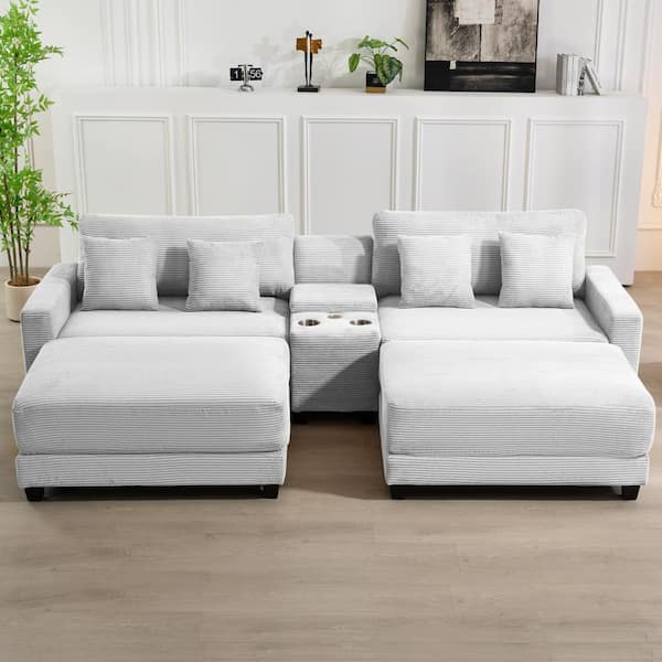 JEAREY Laibai 111.81 in. Square Arm 4-Piece Velvet Modular Sectional Sofa in Grey with Cup Holder and Ottoman