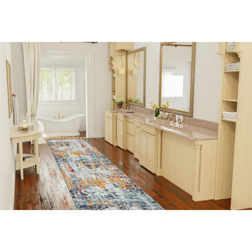 Blue and Orange Synthetic Bohemian Runner Rug 2 ft 7 in x 8 ft