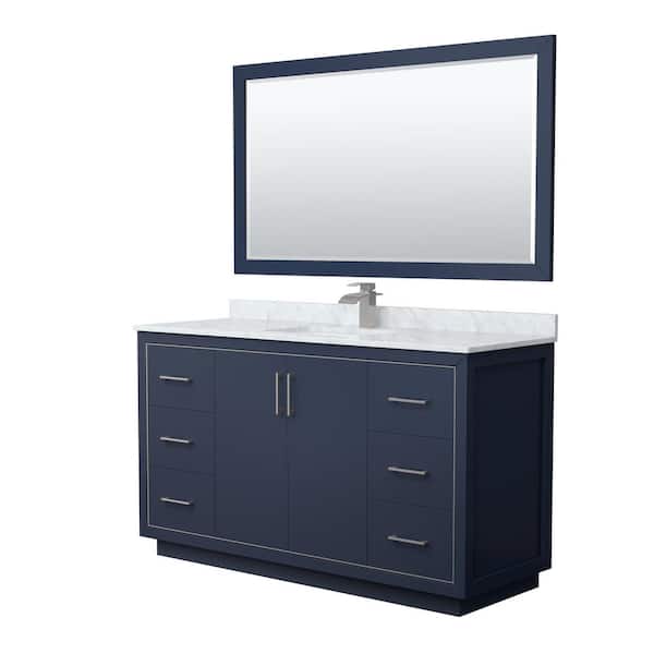Wyndham Collection Icon 60 in. W x 22 in. D x 35 in. H Single Bath Vanity in Dark Blue with White Carrara Marble Top and 58" Mirror