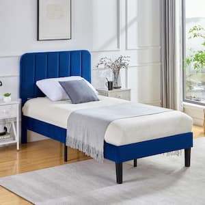 Upholstered Bed Frame Blue Metal Frame Twin Platform Bed with Adjustable Headboard, Strong Wooden Slats Support