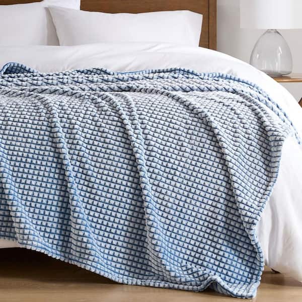 Madison Park Carved Plush Blue Polyester Twin Quilted Blanket