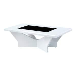 23.62 in. Black and White Rectangle Glass Coffee Table with Geometric Base