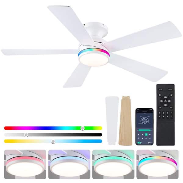 46 in. Indoor/Outdoor Flush Mount White Ceiling Fan with RGB Color LED Light and Remote/APP Control