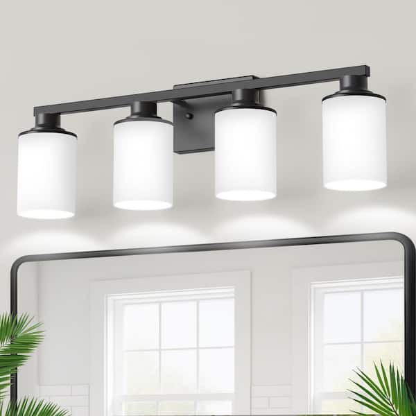27 in. 4-Light Bathroom Vanity Light, Modern Matte and White Bathroom Lights Fixtures Over Mirror with White Glass Shade