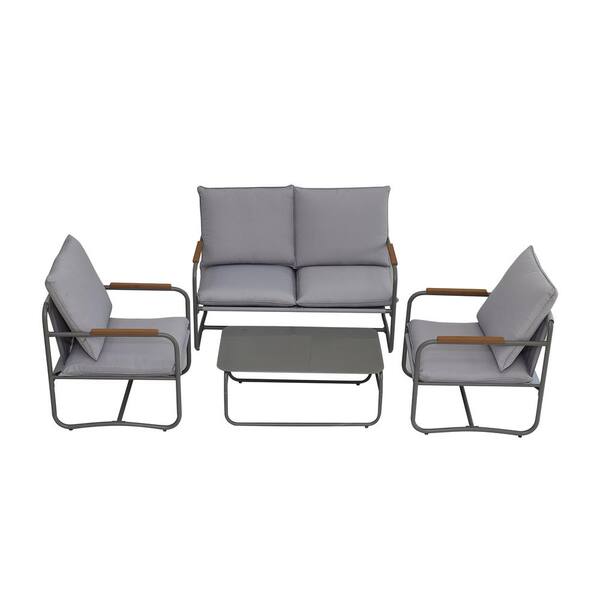 Sudzendf 4-Piece Outdoor Metal Patio Furniture Sets, Patio Conversation Set with Gray Cushion