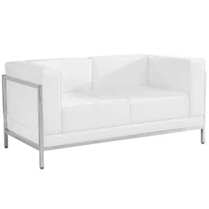 57 in. Melrose White Faux Leather 2-Seat Loveseat with Stainless Steel Frame