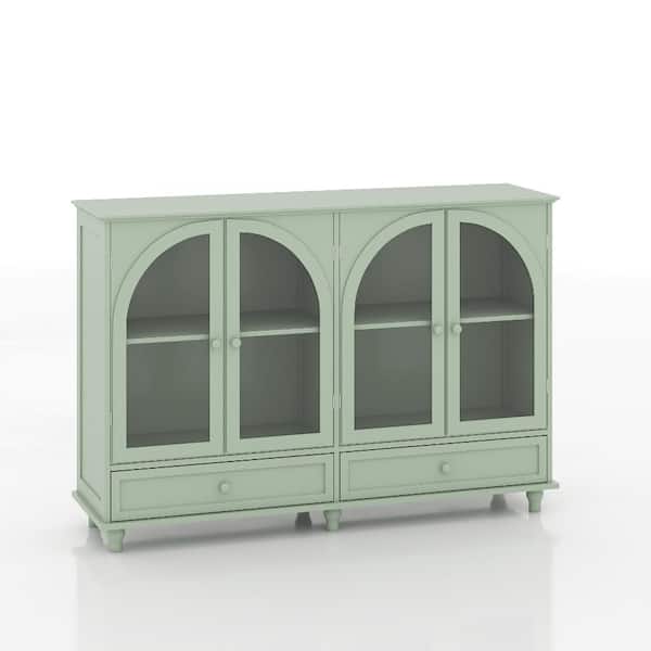 Green Arched Sideboard Buffet Cabinet 2 Drawers, 4 Glass Doors Storage Credenza Display Cabinet wIth Adjustable Shelves