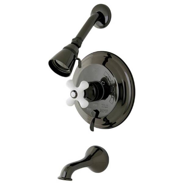 Kingston Brass Porcelain Cross Single-Handle 4-Spray Tub and Shower Faucet with Valve in Black Stainless Steel (Valve Included)