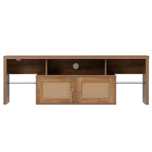 Modern 59 in. Yellow Wood 2-Tier TV Stand Console Table with 2-Storage Doors Fits TV's up to 65 in. with LED Lights