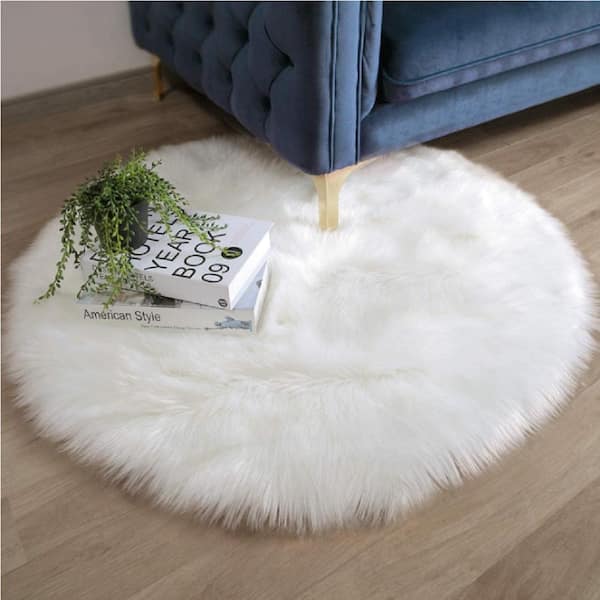 Sheepskin Faux Furry White Cozy Rugs 3 ft. x 3 ft. Round Area Rug