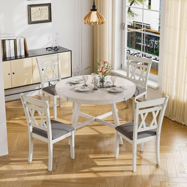 Farmhouse Round Dining Table Set with X-Back Chairs, Upholstered Seats, 5-Piece Wood Dining Set Gray