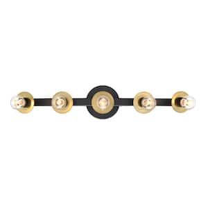 Harmoni 24.25 in. 5-Light Matte Black Vanity Light with Brushed Gold Disk Accents for Bathrooms