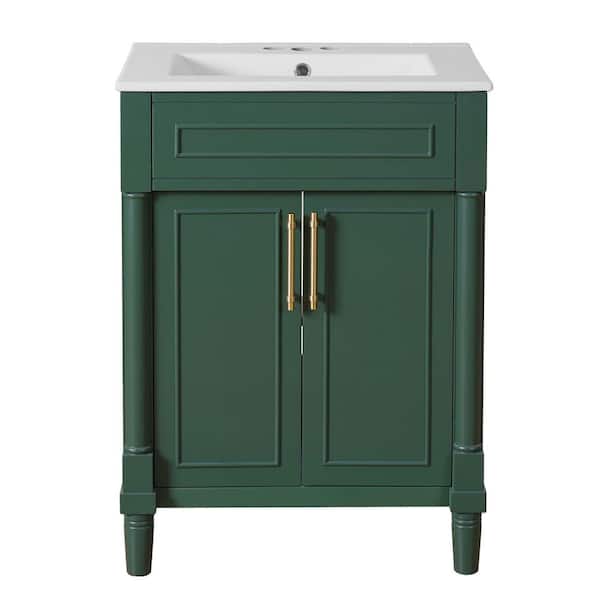 24 in. Freestanding Green Bath Vanity with White Ceramic Sink Top Soft 2 Doors, Single Sink