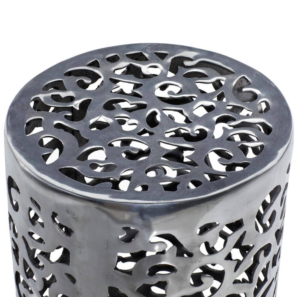 Polished Silver Round Metal Accent Table with Precision Cut Design