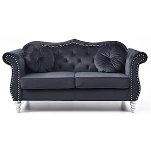 Hollywood 68 in. Round Arm Velvet Rectangle Tufted Straight Sofa in Black