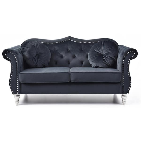 AndMakers Hollywood 68 in. Round Arm Velvet Rectangle Tufted Straight Sofa in Black