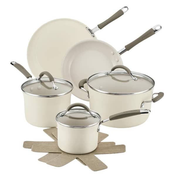 Rachael Ray Cucina Ceramic 10-Piece Aluminum Nonstick Cookware Set with Lids in Almond
