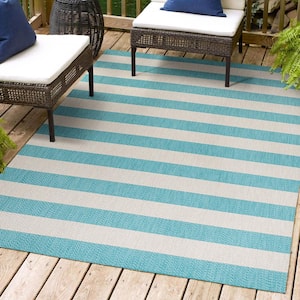 Negril Two-Tone Wide Stripe Aqua/Cream 5 ft. x 8 ft. Indoor/Outdoor Area Rug