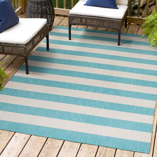 Negril 2-Tone Wide Stripe Aqua/Cream 8 ft. x 10 ft. Indoor/Outdoor Area Rug
