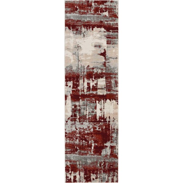 8' Ivory Red and Gray Abstract Non Skid Runner Rug