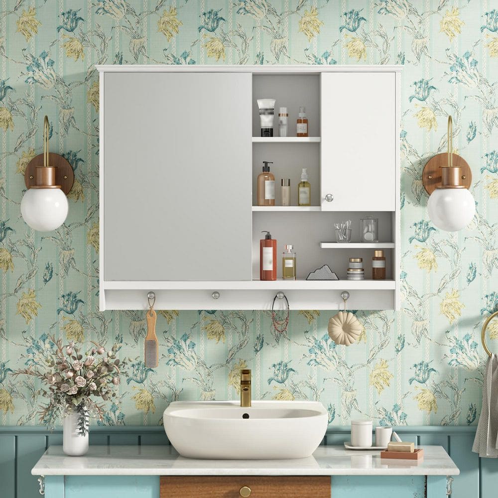 36 in. W x 28 in. H Rectangular MDF Medicine Cabinet with Mirror, 6 Shelves, Towel-Hanging Buttons, White price history on PriceWatchPro